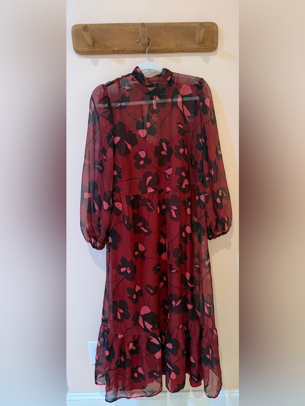 Eloquii Burgundy Floral Long-Sleeve Sheer Dress - 14